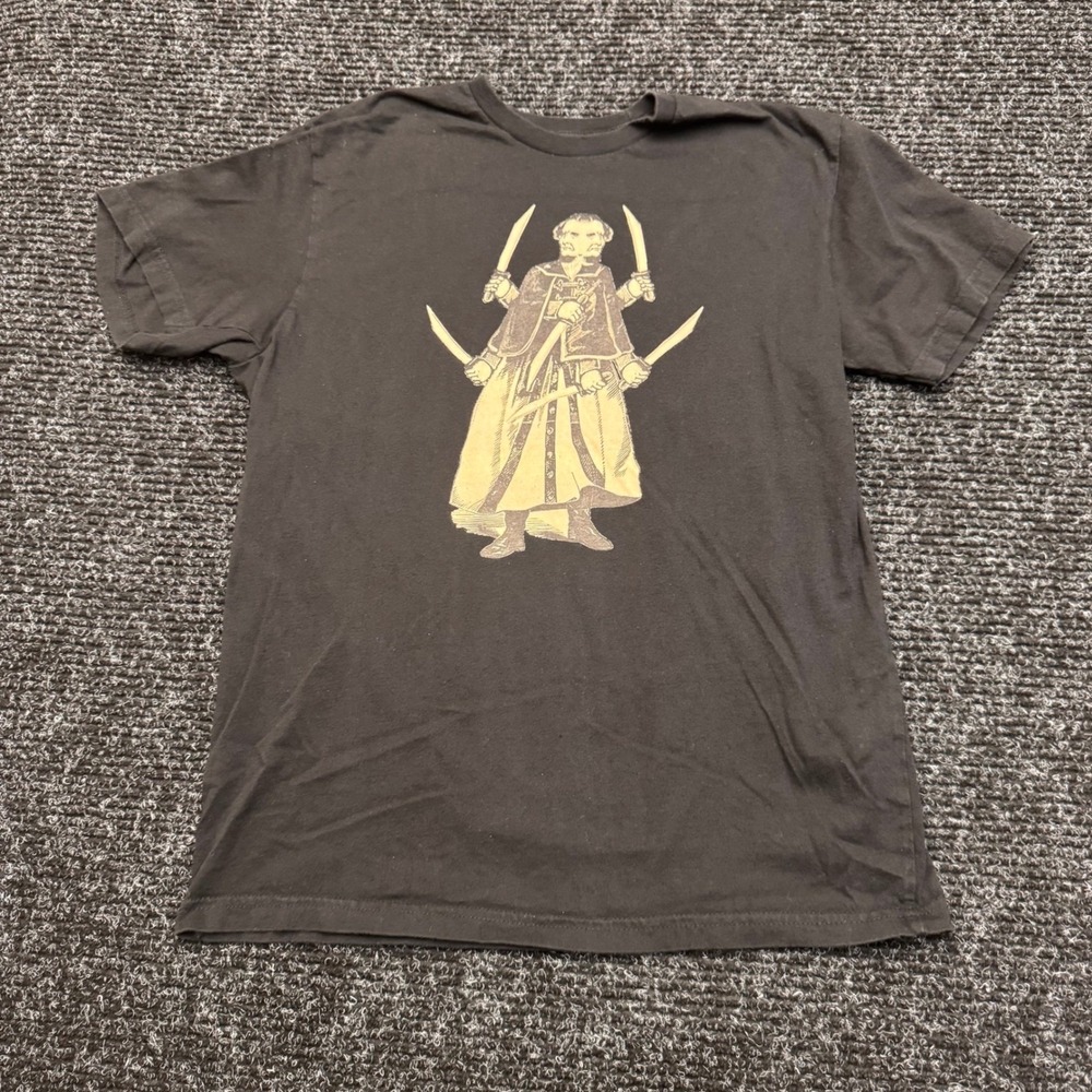 Aska Mens Black Graphic T-Shirt Multi-Armed‎ Sword Figure Owl Logo Size Medium